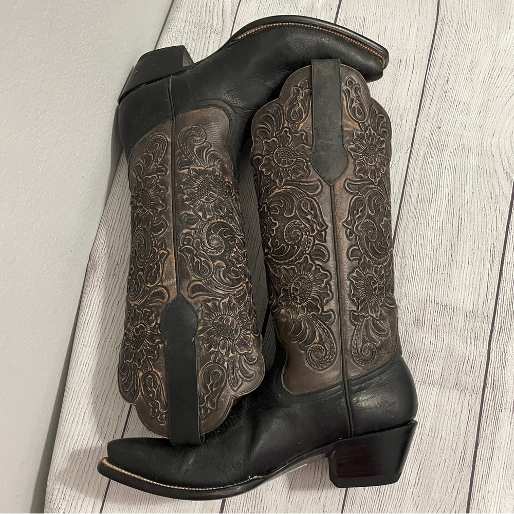 Leddy Vaquero Boots Western Tall Tooled Leather Black Dress Dancing Womens 9 B - Picture 6 of 12